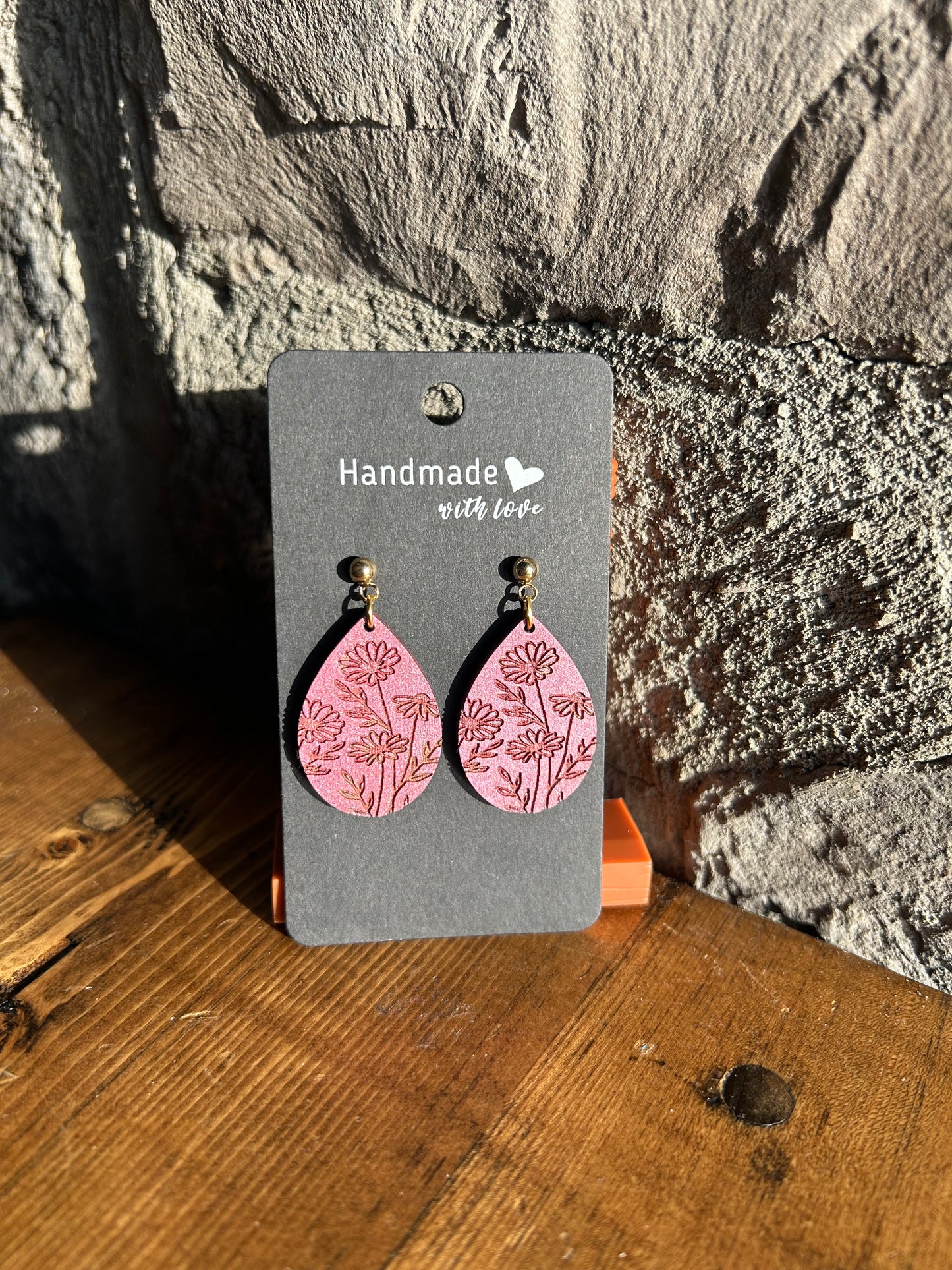 Pink Sparkle Floral Etched Earrings