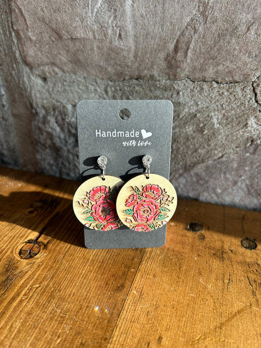 Red peony round earring