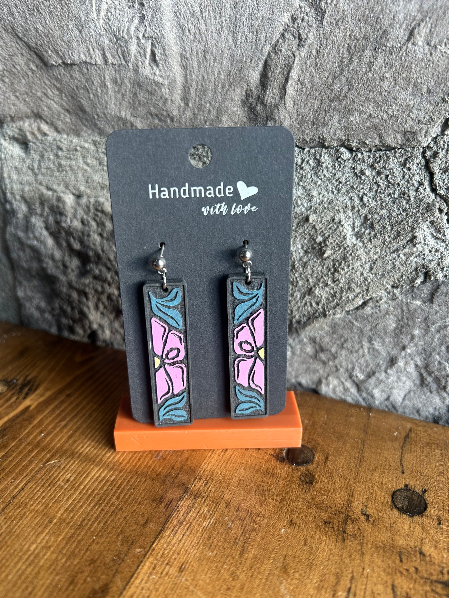 Rectangle pink flower earring